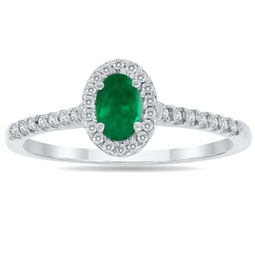 emerald and diamond halo ring in 10k white gold