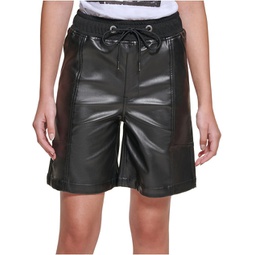 womens faux leather drawstring casual shorts