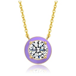 14k yellow gold plated with clear cubic zirconia purple enamel round pendant necklace