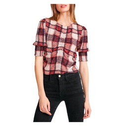 idea womens plaid rouched pullover top