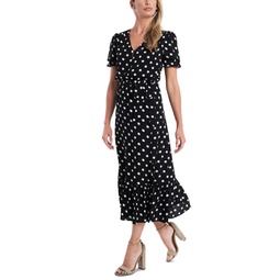 Womens Short Sleeve Polka-Dot Tie-Waist Midi Dress