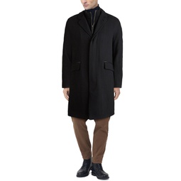 Mens Layered Look Classic-Fit Twill Topcoat with Faux-Leather Trim