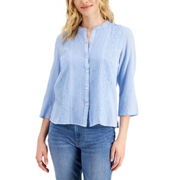 Womens Cotton Pintuck Embroidered Blouse