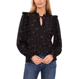 Womens Long Sleeve Tie-Neck Blouse with Eyelet Trim