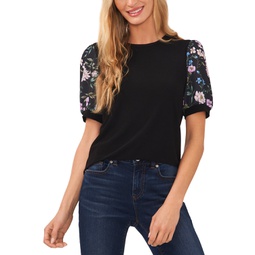 Womens Floral Mixed Media Short Puff Sleeve Knit Top