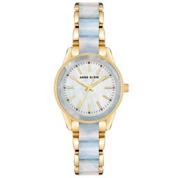 Womens Three Hand Quartz Gold-tone Alloy and Light Blue Marbled Acrylic Link Bracelet Watch 30mm
