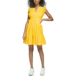 Womens Eyelet Button-Front Dress