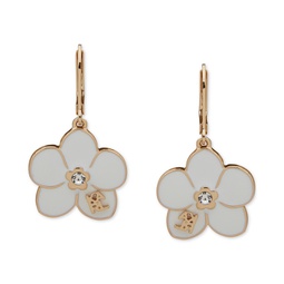 Gold-Tone Pave White Flower Logo Drop Earrings