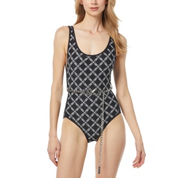 Womens Belted Scoop-Neck One-Piece Swimsuit