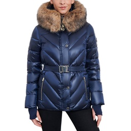 Womens Shine Belted Faux-Fur-Trim Hooded Puffer Coat