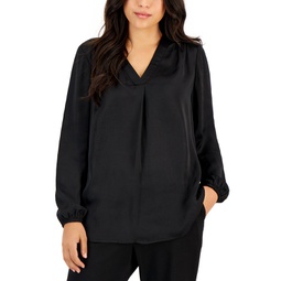 Petite Long-Sleeve V-Neck Pleated-Front Blouse