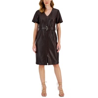 Womens Belted Faux Leather V-Neck Dress