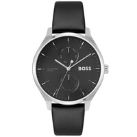 BOSS Mens Tyler Quartz Multifunction Black Leather Watch 43mm