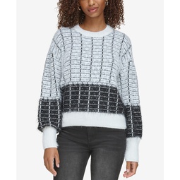 Womens Eyelash Colorblocked Tweed Sweater