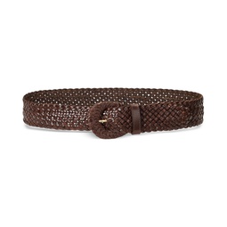 Womens Crescent-Buckle Woven Leather Wide Belt