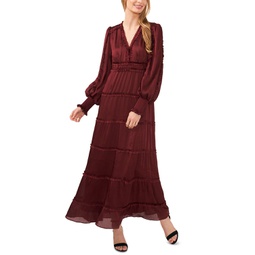 Womens Long Sleeve Plisse Ruffle Maxi Dress