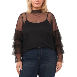 Trendy Plus Size Tiered-Sleeve Mesh Mock Neck Blouse