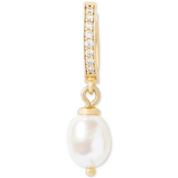 Gold-Tone Freshwater Pearl Charm Pave Huggie Hoop Earrings