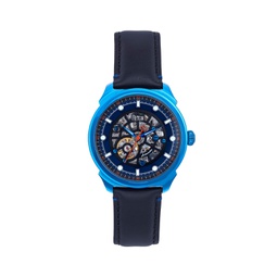 Men Weston Automatic Skeletonized Leather Strap Watch - Blue/Black