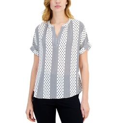 Womens Printed Split-Neck Rolled-Cuff Top