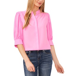 Womens Elbow Sleeve Collared Button Down Blouse