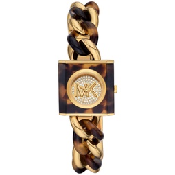 Womens MK Chain Lock Three-Hand Tortoise and Gold-Tone Stainless Steel Watch 25mm