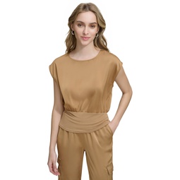 Womens Banded-Waist Extended-Shoulder Top