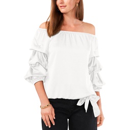 Womens Off The Shoulder Bubble Sleeve Tie Front Blouse
