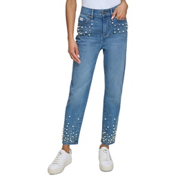 Womens Imitation Pearl Denim Jeans