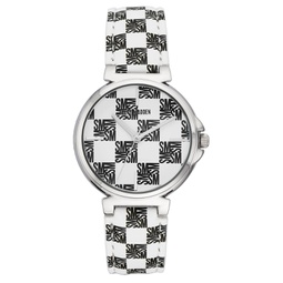 Womens Dual Colored Black and White Polyurethane Leather Strap with Steve Madden Logo in Checkered Pattern and Stitching Watch 36mm