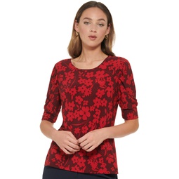 Womens Floral Print Puff-Sleeve Top