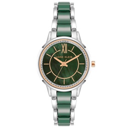 Womens Three-Hand Quartz Silver-Tone Alloy with Green Ceramic Bracelet Watch 32mm
