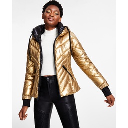Womens Metallic Quilted Hooded Puffer Coat