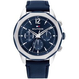 Mens Multifunction Navy Blue Leather Strap Watch 46mm