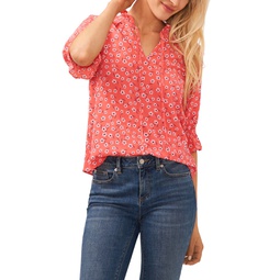 Womens 3/4-Sleeve Tie Neck Floral Print Blouse