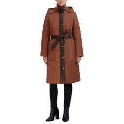 Womens Belted Hooded Quilted Coat