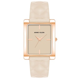 Womens Three Hand Quartz Rectangular Rose Gold-Tone Alloy and Ivory Genuine Leather Strap Watch 32mm