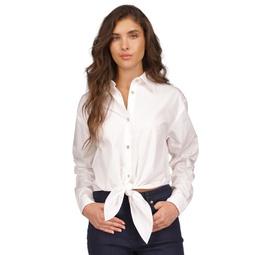 Womens Poplin Tie-Front Button-Down Cotton Shirt Regular & Petite
