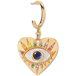 Gold-Tone Multicolor Cubic Zirconia Evil Eye Heart Charm Huggie Hoop Earrings
