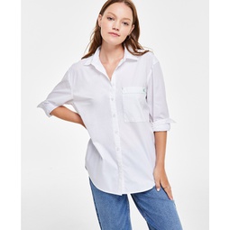 Womens Embroidered-Pocket Cotton Boyfriend Shirt