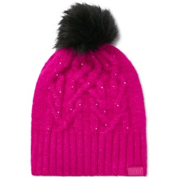 Womens Studded Cable-Knit Pom Pom Hat