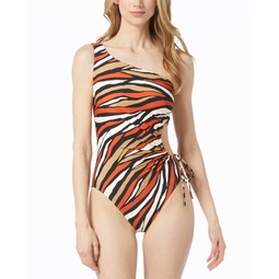 Womens One-Shoulder Shirred Cutout One-Piece Swimsuit