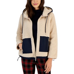 Womens Contrast-Trim Sherpa Fleece Hooded Jacket