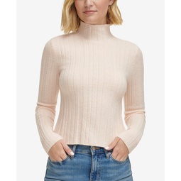 Womens Mock-Neck Long-Sleeve Ribbed Sweater