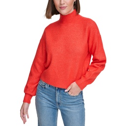 Womens Boxy Cropped Long Sleeve Mock Neck Sweater