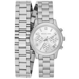 Womens Runway Chronograph Silver-Tone Stainless Steel Double Wrap Bracelet Watch 34mm