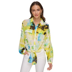 Womens Printed Tie-Hem Button-Front Top