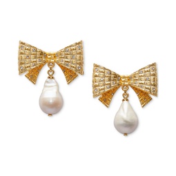 Gold-Tone Wrapped in a Bow Imitation Pearl Drop Earrings