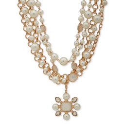 Gold-Tone Crystal & Imitation Pearl Flower Charm Multi-Row Statement Necklace 16 + 3 extender