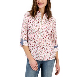 Womens Cotton Heart-Print Half-Zip Shirt